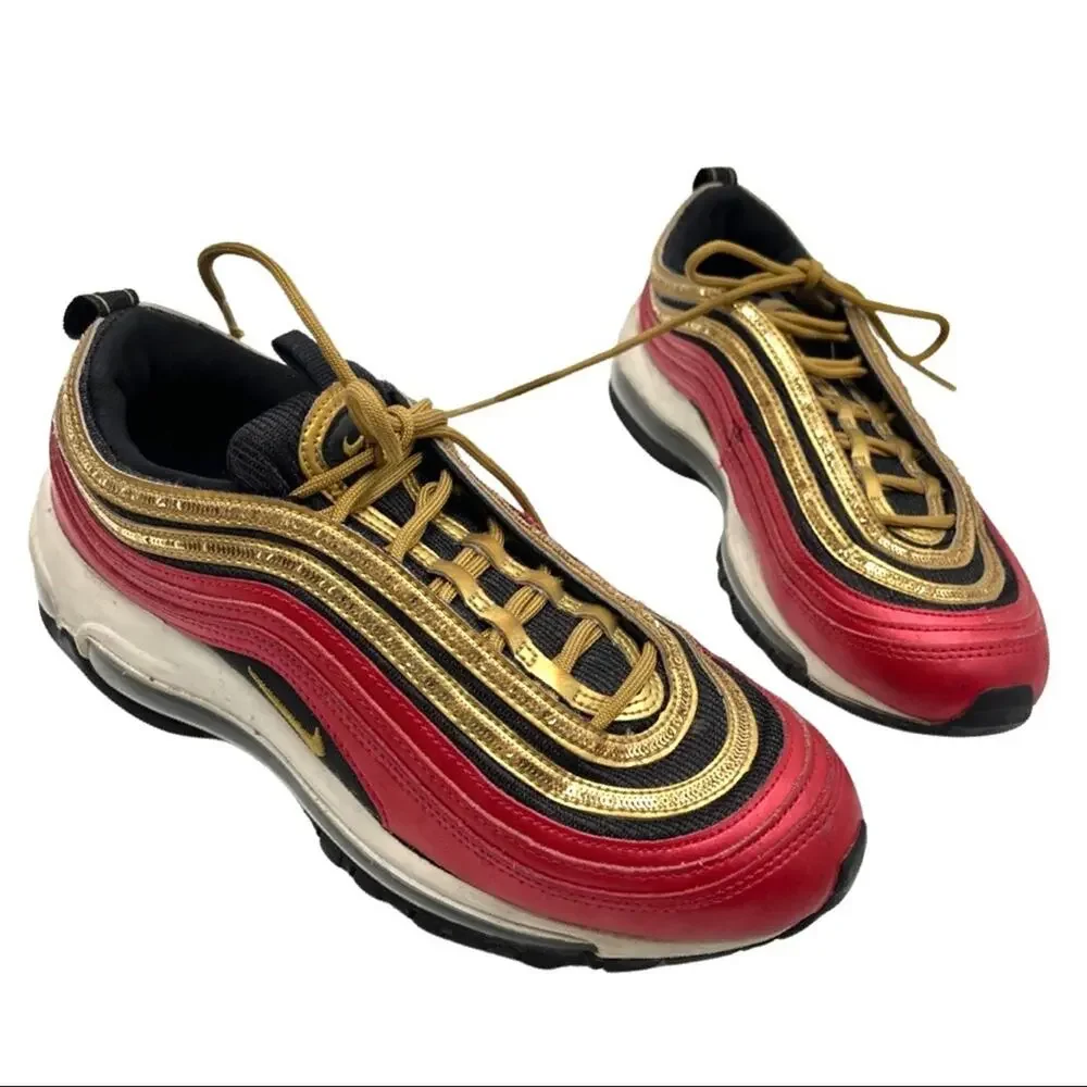 NIKE WOMENS AIR MAX 97 RED METALLIC GOLD SEQUIN SIZE 8.5  CT1148 600
